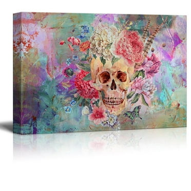 Canvas Human Skull with Roses Flowers over Colorful Splattered Paint 32x48